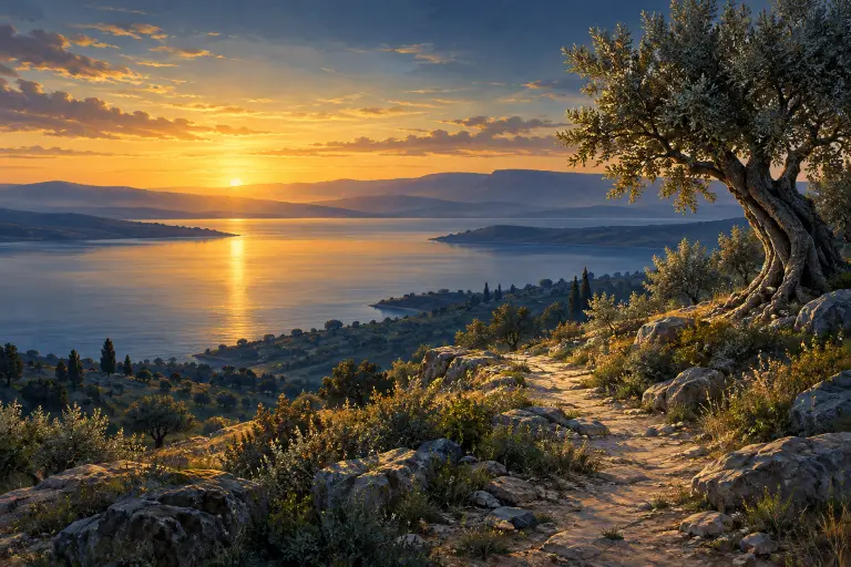 Illustrated hills above a lake at sunrise
